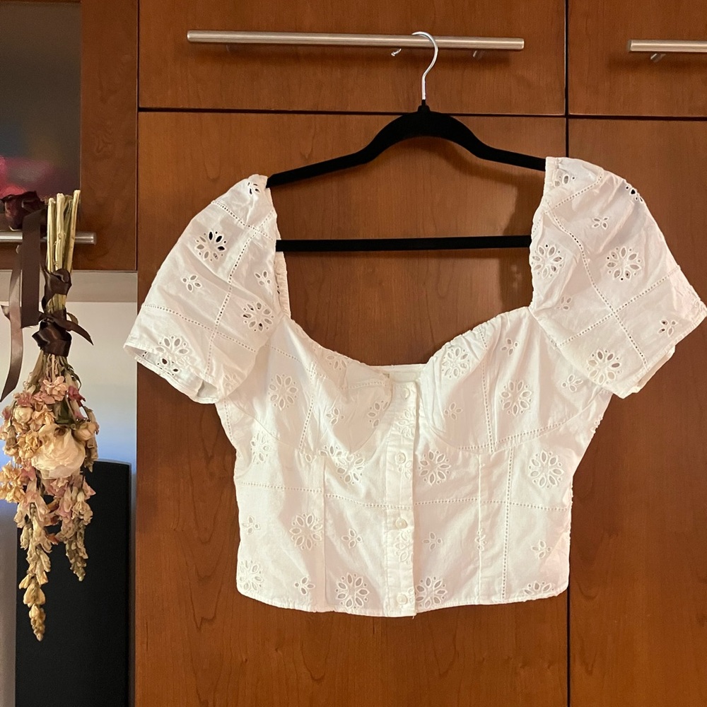 H&M White Eyelet Square Neck Blouse
